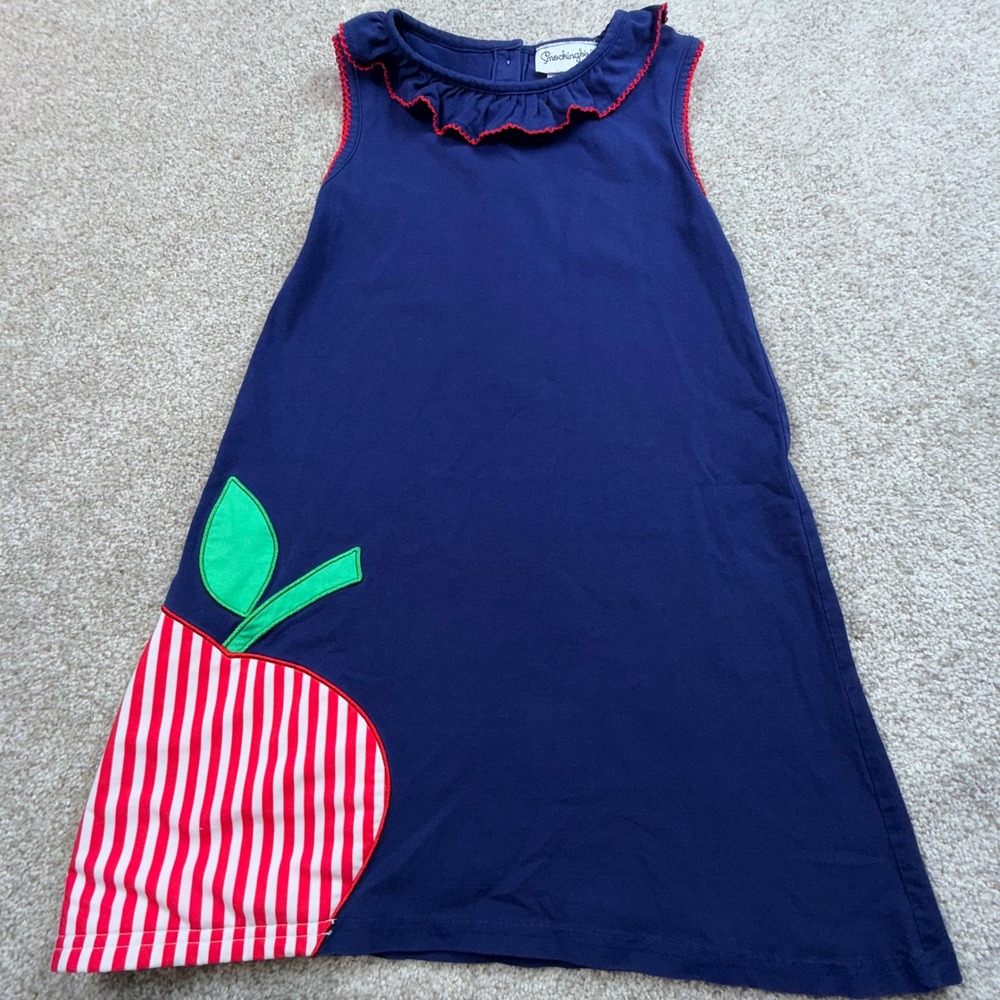 Smockingbird Girls Navy Blue Apple Applique Ruffle Dress Size 5 Back to School